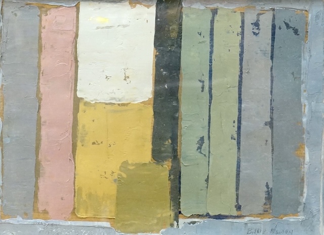 Billie Newey (contemporary), untitled abstract composition, Geometric shapes, signed, impasto oil on board, 17 x 24cm
